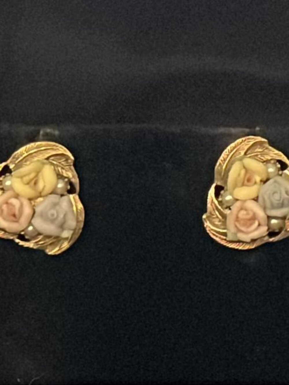 Vintage Sculpted Porcelain Roses with Tiny Faux Pearls Earrings